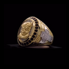 Japanese handcrafted solid 18K gold lion ring featuring two-tone design and black gemstone details